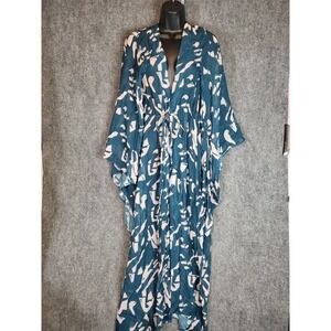 Diarrablu Teal Pink Abstract Print Kimono Maxi Dress XS Bohemian Resort Tropical